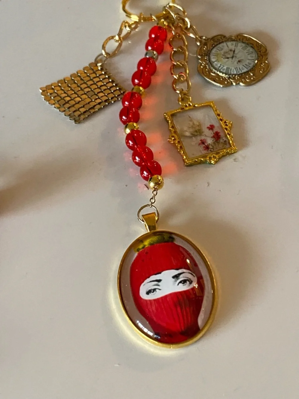 BAG CHARM PURSE ACCESSORIE FORNASETTI SKI MASK FLORAL FRAME CLOCK GOLDEN TONE - Picture 4 of 7